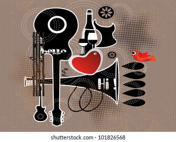 Fondo retro con guitarra, pájaro de amor y forma cardíaca sobre fondo marrón grisáceo. EPS 10. ilustración vectorial.