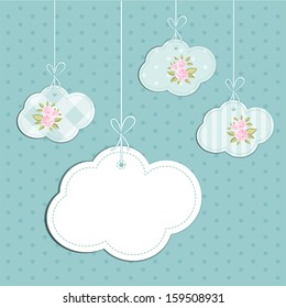 Retro background as handmade fabric clouds with vintage roses in shabby chic style, scrap booking elements