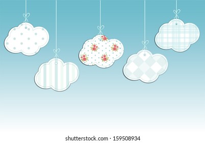 Retro background as handmade fabric clouds with vintage roses in shabby chic style, scrap booking elements