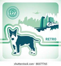 Retro background with illustrated dog. Vector illustration.