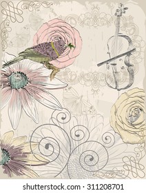 Retro background. Illustration of a bird and blooming summer flowers