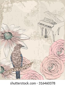 Retro background. Illustration of a bird and blooming summer flowers