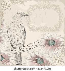 Retro background. Illustration of a bird and blooming summer flowers