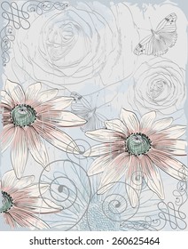 Retro background. Illustration of  blooming summer flowers