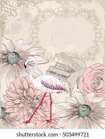 Retro background. Illustration of a flamingo and blooming summer flowers