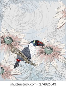 Retro background. Illustration of a parrot and blooming summer flowers