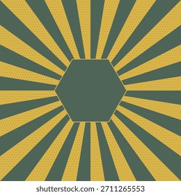 Retro background illustration with sun rays halftone dots and a hexagon frame