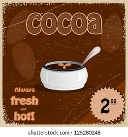 Retro background with the image of a cup of hot chocolate and cocoa beans