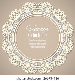 retro background with  lace frame doily and sample text on linear background. in pastel colors. for greeting, birthday card, wedding invitation. vector illustration.