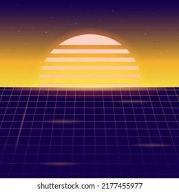Retro background landscape in 80s style, sky with stars and sun on the horizon, isolated vector illustration for retro style designs