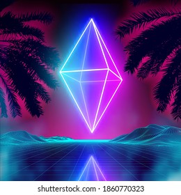 Retro Background Landscape Neon Rhombus. Space Poster Neon Light. Futuristic Purple Synthwave 80s Sci-fi Poster.