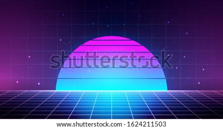 Retro background with laser grid, abstract landscape with sunset and star sky. Vaporwave, synthwave 80s cyberpunk style illustration. Minimal template for poster, flyer, cover, music festival, dj set.