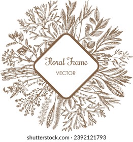 Retro background with medicinal herbs. Medicinal plants, hand drawn illustration. Retro vintage graphic design. Botanical drawing sketch. Floral frame