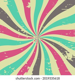 Retro background. Multicolored swirling rays on a beige background with scratches. Vintage vector blank background.