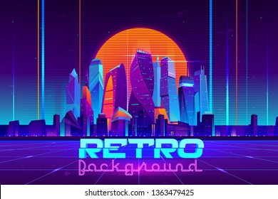 Retro background in neon colors cartoon vector with illuminated future city skyscrapers buildings, digital Utopia metropolis downtown illustration. Cyberpunk, vaporwave music party banner template