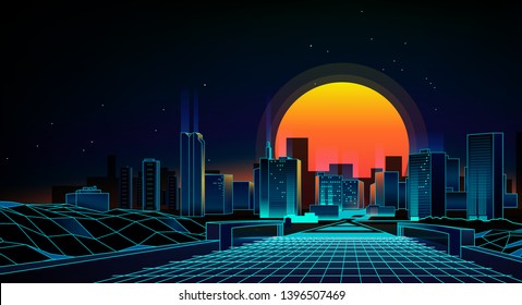Retro background night city landscape 1980s style. 80s Sci-Fi. Futuristic background retro wave.Cyberpunk and retro wave style illustration.