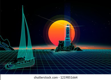 Retro background  night lighthouse and yacht. Landscape 1980s style. Retro 80s Sci-Fi background  Landscape.Futuristic background retro wave.
