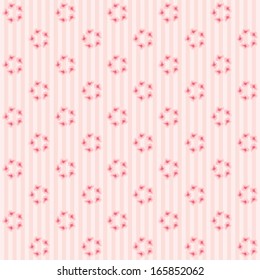 Retro background as old wallpaper with wreath of flowers on striped background