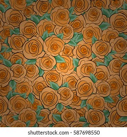 Retro background with orange roses and green leaves. Shabby chic illustration. Vector roses seamless pattern.
