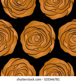 Retro background with orange and yellow roses on a black background. Shabby chic illustration. Vector roses seamless pattern.