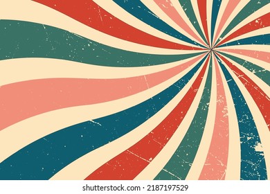 Retro background pattern in vintage color palette of blue orange red beige and brown in spiral or swirled radial striped star. 60s hippy style textured