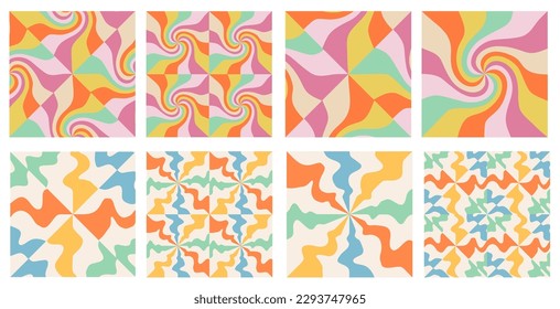 Retro background patterns in a spiral or swirl radial stripes design. Groovy poster y2k retro background set for print design. Vector illustration.Vintage hippie psychedelic background. 