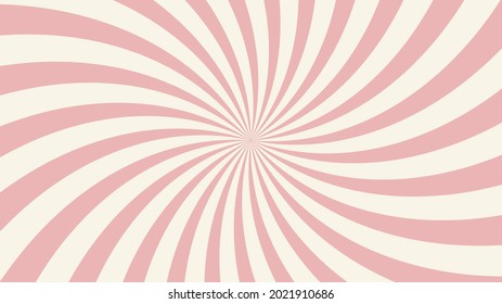 Retro background with pink sunburst or starburst. Pattern with vintage color palette, swirl stripes. Vector illustration of 60s.