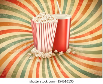 Retro background with Popcorn and a drink. Vector illustration. 