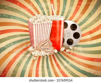 Retro background with Popcorn and a drink. Vector illustration