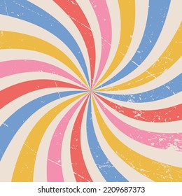 Fondo retro con rayas arco iris en forma de rayas. Resumen de diseño de espiral colorido y texturizado. Resumen de los rayos de fondo estilo retro que irradia desde el centro en forma de espiral.