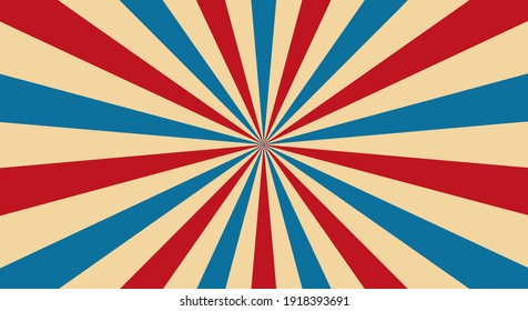 Retro background with rays or stripes in the center. Sunburst or sun burst retro background. Red and blue colors. Vector illustration