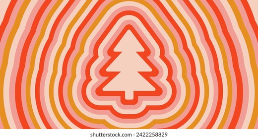 Retro background with repeating silhouette Christmas tree. Trendy vector hippie print in style 70s, 80s. Red, pink, and gold colors. Groovy holiday poster. Psychedelic winter illustration