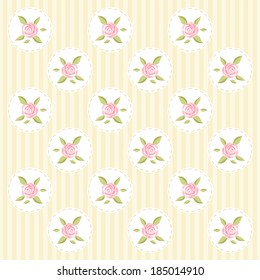 Retro background with roses in shabby chic style on striped background
