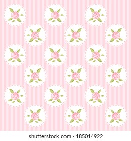 Retro background with roses in shabby chic style on striped background
