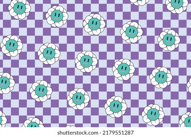 Retro background with sad daisies on a checkered background. Vintage psychedelic illustration in geometric grid. Abstract modern vector wallpaper EPS 10