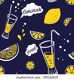 Retro Background with Seamless Pattern of Lemonade Glass and Lemon Drawings