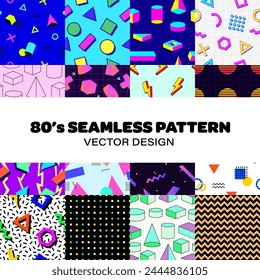Retro background. Retro seamless pattern set. 80s style seamless background set.