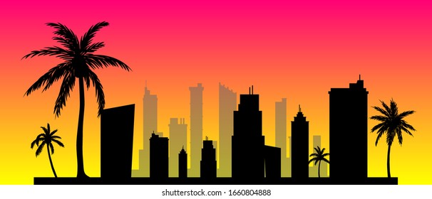 Retro background. Silhouette of palm trees and city vector illustration