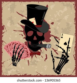 Retro background with skull and playing cards