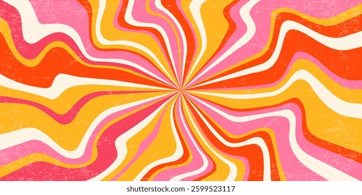 Retro background with spiral sunburst. Vector swirl textured radial pattern with rays. Vintage abstract wavy pink and orange striped vortex. 70s funky psychedelic disco bg.