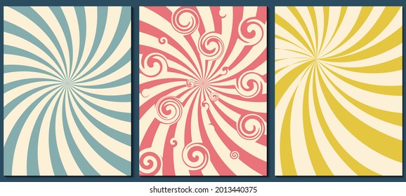 Retro-Hintergrund mit starburstigem oder sonnenburstfarbenem Vektormuster. Set von Vintage-Vorlagen mit spiralförmigen oder verwirbelten Radial-Streifen. Vektorgrafik der 60er