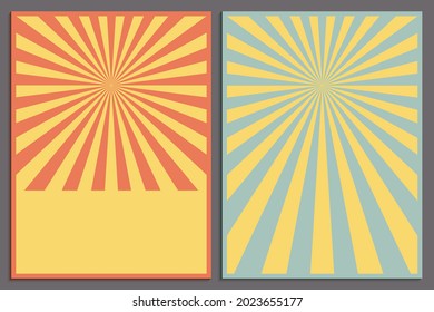Retro background with starburst or sunburst vector pattern. Set of vintage poster templates with spiral or swirled radial striped design. Vector illustration 60s