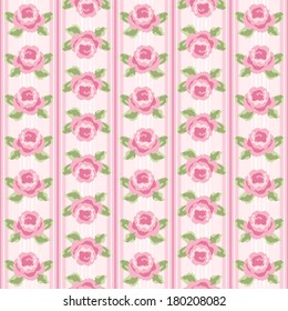 Retro background as striped wallpaper with roses in shabby chic style