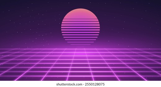 Fundo retrô no estilo de 80s, 90s. Sol roxo neon com linhas de gradiente listradas e piso de perspectiva de grade no fundo escuro. Ilustração vetorial abstrata para cyberpunk, disco, festa de música, jogos.