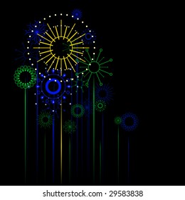 Retro background of stylized vector fireworks in a night sky