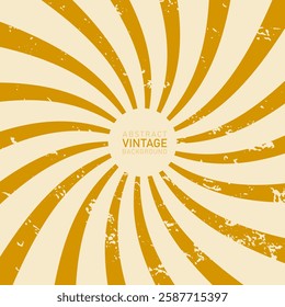 Retro background with sun rays and spiral in yellow and orange stripes with grunge texture in vintage pop art style. Illustration. Images. Grunge. Background. 
