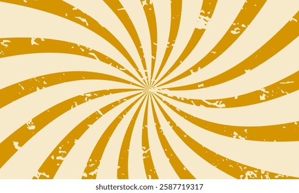Retro background with sun rays and spiral in yellow and orange stripes with grunge texture in vintage pop art style. Illustration. Grunge. Background. Images. Design. 