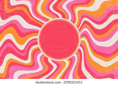 Retro background with sun and spiral rays. 70s swirl abstract sunburst summer poster with grainy texture. Psychedelic radial striped orange and pink wallpaper
