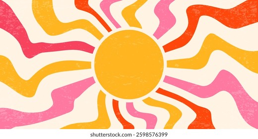 Retro background with sun and spiral rays. 70s swirl abstract sunburst summer poster with grainy texture. Psychedelic radial striped orange and pink wallpaper