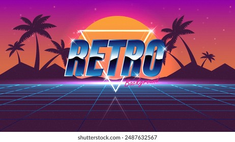 Retro background. Synthwave wireframe landscape for game assets in vector illustrations.Retro Futurism Sci-Fi Background. glowing neon grid.and stars from vintage arcade comp	